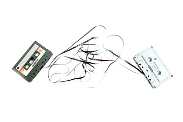 Vintage compact cassette tape on white background, Close up set of old audio tapes, Retro