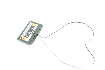 Obraz premium Vintage compact cassette tape on white background, Close up set of old audio tapes, Retro
