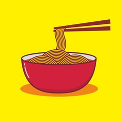 Illustration of bowl with noodle and chopstick 