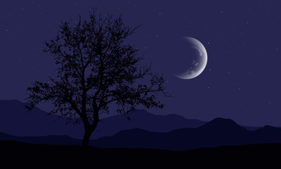 Fototapeta na wymiar Realistic illustration of a night mountain landscape with a deciduous tree and a hill, under a purple sky with stars and a crescent moon, vector