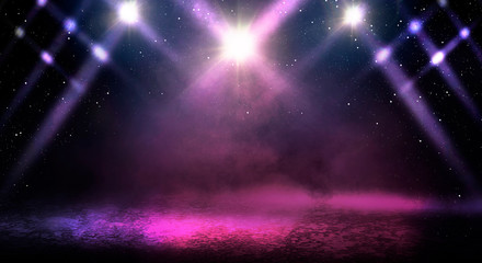 Neon lights background. Violet background with smoke, neon light.