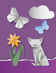 Flower, Cat, and Butterfly.
A set of paper figures. Cat, butterfly, flower on purple background. Origami. Vector illustration, EPS-10.