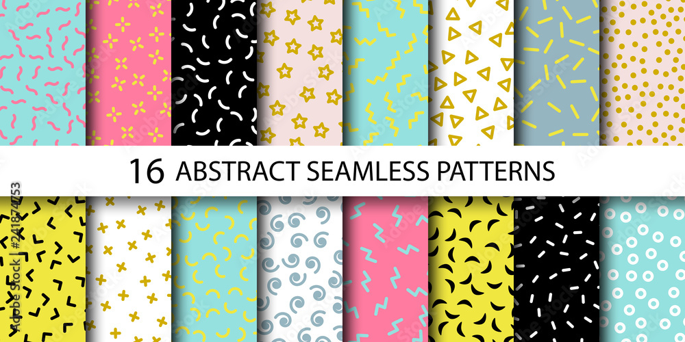 Leinwandbilder Set of vector abstract seamless patterns with different shapes. Collection of patterns in the Memphis style. Patterns added to the swatch panel.