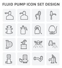 Water pump icon and other fluid such as chemical, oil. Variety type such as diaphragm, centrifugal, rotary, screw and well pump. Using for drinking, chemical spraying, oil industry and water supply.