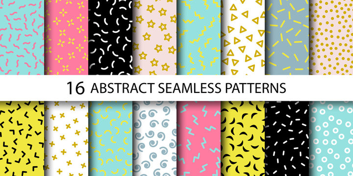 Set of vector abstract seamless patterns with different shapes. Collection of patterns in the Memphis style. Patterns added to the swatch panel.