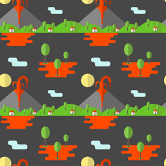 Vector seamless pattern volcanic eruption. Smoke and lava from the crater, the village and trees at the foot. Used for postcards, websites, posters, wallpapers, wrapping paper