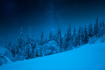 Fototapeta na wymiar Fairy-tale starry night in the Ukrainian Carpathian mountains with the galaxy Milky way in the sky and the glow of the full moon Winter frosty time on the background of a cozy little house.