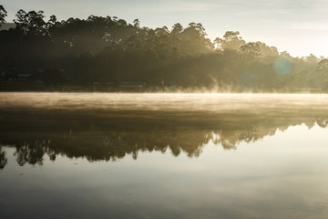 Beautiful misty sunrise over the Lake Gregory in Nuwara Ellia, Sri Lanka. Reflextion in the lake.