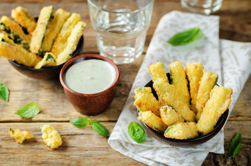 Baked Zucchini Fries with Pesto Greek yogurt sauce