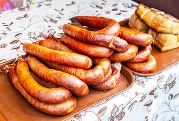 Freshly produced sausages ready for sale