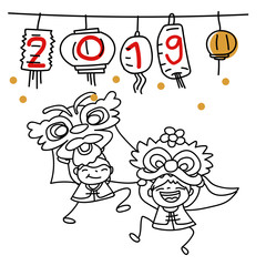 Hand drawing cartoon character people Happy Chinese New Year 2019