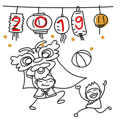 Hand drawing cartoon character people Happy Chinese New Year 2019