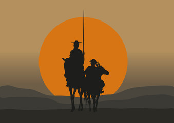 Vector Ilustration silhouette of Don Quixote de la Mancha, of Cervantes spanish novelist, with windmills and sunset