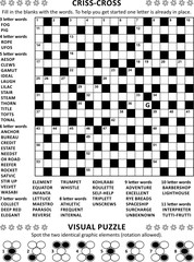 Fototapeta premium Puzzle page with two puzzles: 19x19 criss-cross (kriss-kross, fill in the blanks) crossword word game (English language) and abstract visual puzzle. Black and white, A4 or Letter sized. 