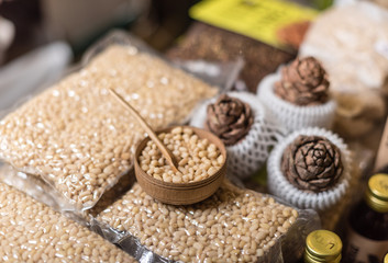 Pine nuts and cones on the counter