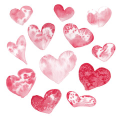Set of pink and red watercolor heart, hand drawn,  isolated on white background