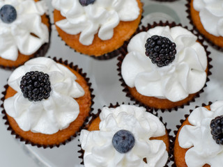 Delicate delicious vanilla cupcakes with cream cheese frosting, on a white wooden background, selective focus