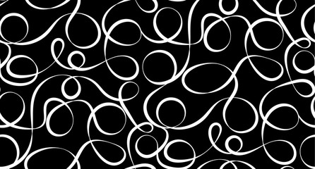 Vector seamless pattern of interwolven threads. Abstract thin line pattern. Modern stylish texture. Black background with tangled line, vector.