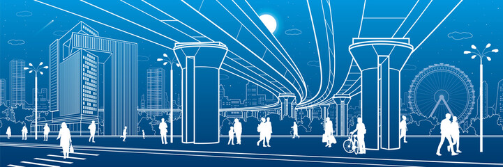 Business Center, city architecture panorama. People walking at town street. Road crosswalk. Road bridge, overpass. Ferris wheel. Urban life. Vector design art