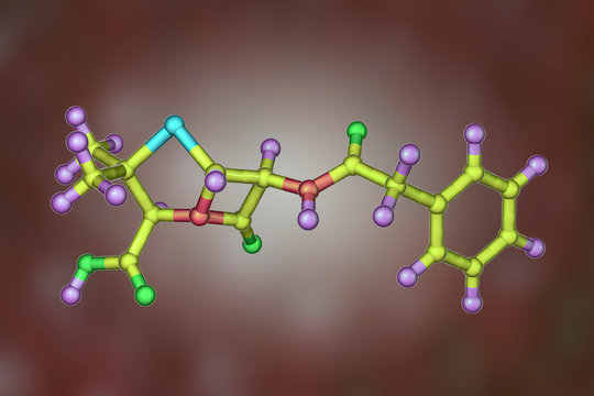 Molecular model of penicillin antibiotic, 3D illustration. It is one of the first discovered antibiotics