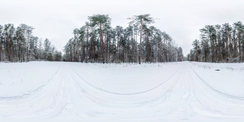 Winter full spherical 360 degrees angle view panorama road in a snowy forest with gray pale sky in...