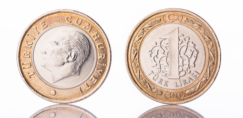 Reflection of 1 Turkish Lira Coin on white background, front and back view - obrazy, fototapety, plakaty