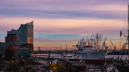 Sunset in the port of  Hamburg