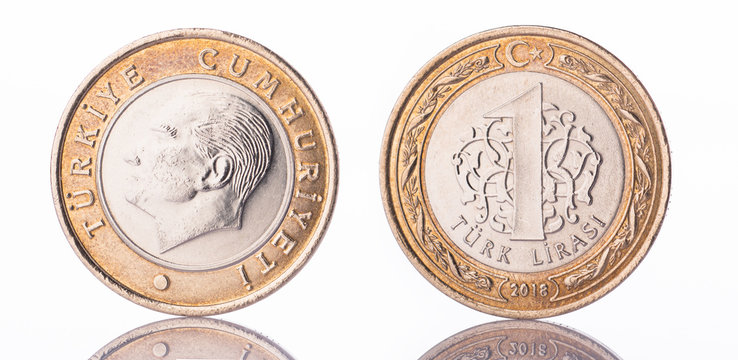 Reflection of 1 Turkish Lira Coin on white background, front and back view