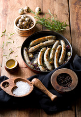 Delicious white sausages with spices.