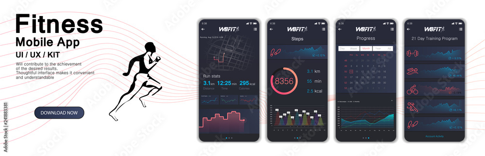 Poster Different UI, UX, GUI screens fitnes app and flat web icons for mobile apps, Fitness application design. Mock up Mobile app. Vector template. Fitness interface design for mobile application