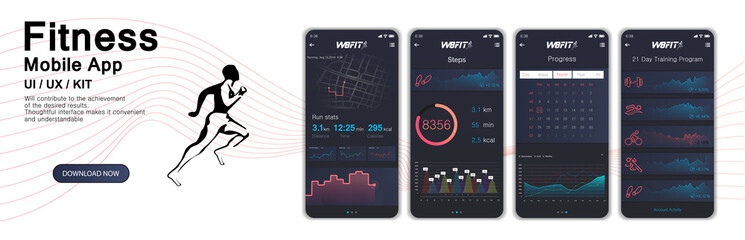 Different UI, UX, GUI screens fitnes app and flat web icons for mobile apps, Fitness application design. Mock up Mobile app. Vector template. Fitness interface design for mobile application