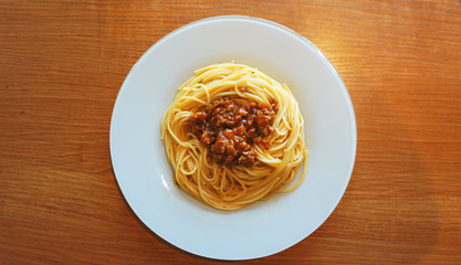 Plate of delicious spaghetti Bolognaise or Bolognese with sauce