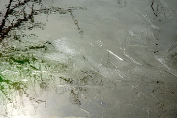 Abstract closeup of thin ice on lake in spring