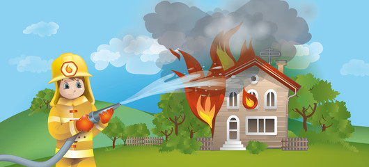 Strażak gasi pożar domu
