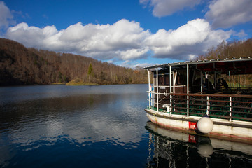 Steamer ship on lake in Plitvice Lakes National Park