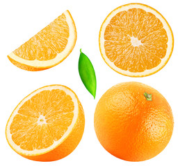 Isolated oranges. Collection of whole, half, slice, piece orange fruits with leaf isolated on white background with clipping path