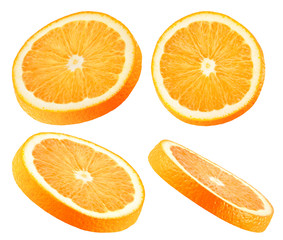 Collection of orange slices. Four different angle of orange fruit slice isolated on white...