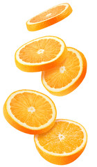 Isolated flying oranges. Falling sliced orange fruit isolated on white background with clipping path