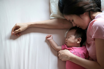 Close up beautiful portrait from top view of beautiful young Asian mother kissing her newborn baby sleeping in bed in the morning. Healthcare and medical love lifestyle of mother and baby concept.