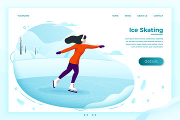 Vector illustration -  winter skate rink with skating girl. Forests, trees and hills on white background. Banner, site, poster template with place for your text.