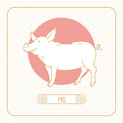 Year pig Chinese horoscope vector line art and pattern on white background.