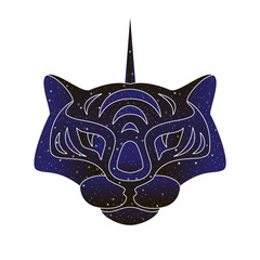 Cat unicorn head line illustration. Vector outline caticorn animal, magic night sky color silhouette isolated on white background