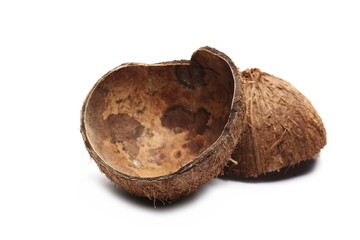 coconut fruit shell cut in half isolated on white background, design element 
