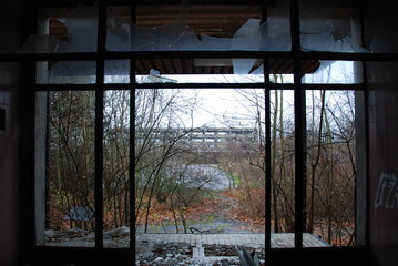 View from broken door to exterior of abandoned overgrown barracks, urbex 