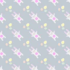 Gentle print Easter Seamless Pattern Funny cartoon bunny with eggs.