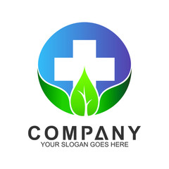 herbal pharmacy and medicine logo,medical cross with leaf shape