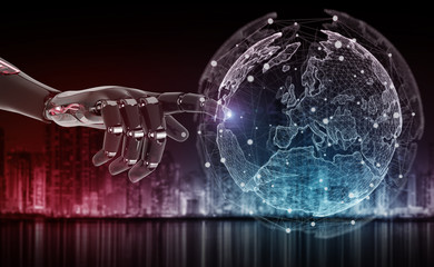 Red robot hacking a world network system 3D rendering