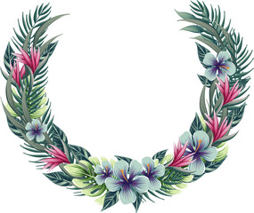 Fototapeta na wymiar vector drawings of half round wreath with tropical plants, floral frame
