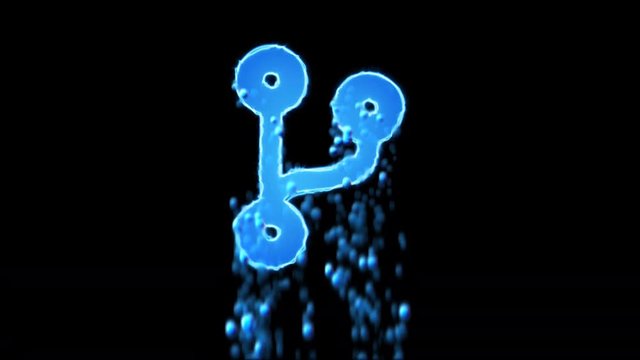 Liquid symbol code branch appears with water droplets. Then dissolves with drops of water. Alpha channel black