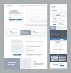 One page website design template for business. Landing page wireframe. Flat modern responsive design. Ux ui website: home, features, news, opportunities, subscribe, explore, testimonials, order.